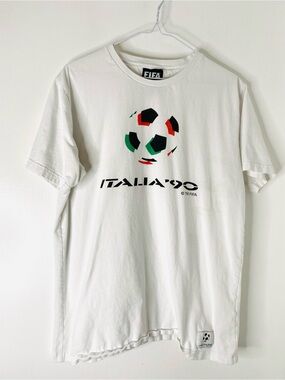 FIFA Classics Italia 90 Soccer Graphic Tee White Crew Neck Football Shirt